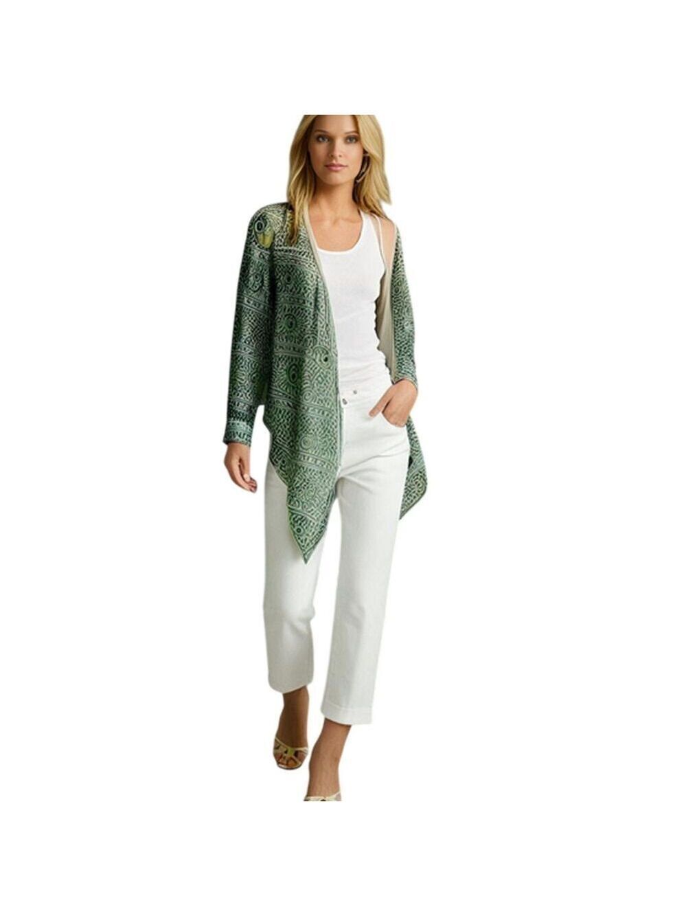Body Central Sheer Green Graphic Print Tie Open Front Top Size M